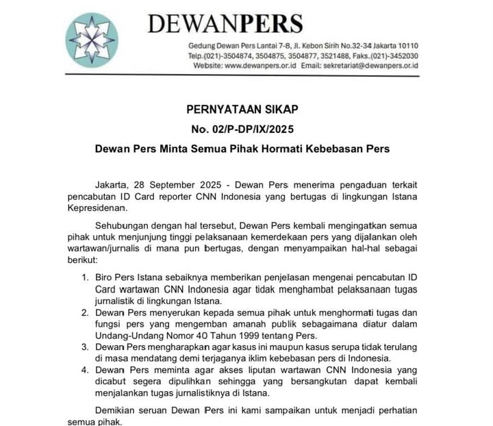 Sikap Dewan Pers atas Pencabutan ID Pers Istana Jurnalis CNN Indonesia 4 1759108367215